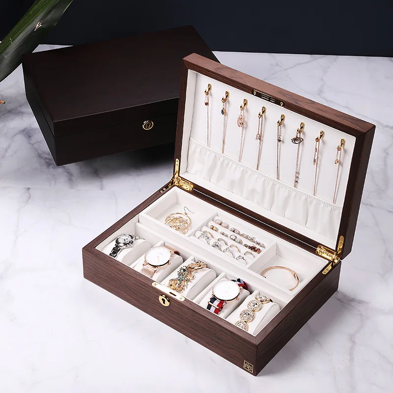 Vintage Lock Jewelry Watch Storage Box Integrated Solid Wood Organizer Double-layer Storage Box Earrings To Prevent OxidationCus