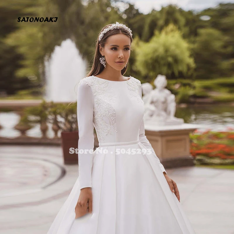 Vestidos De Novia 2024 Elegant Satin Wedding Dress Long Sleeve Lace Muslim Bridal Gown for Bride Button Back Robe Mariée Online