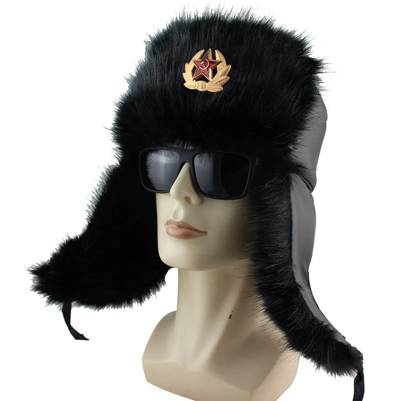 Soviet Army Military Russia Ushanka Bomber Hats Pilot Trapper trooper Hat Winter Faux Rabbit Fur Men Snow Caps Black Balaclava