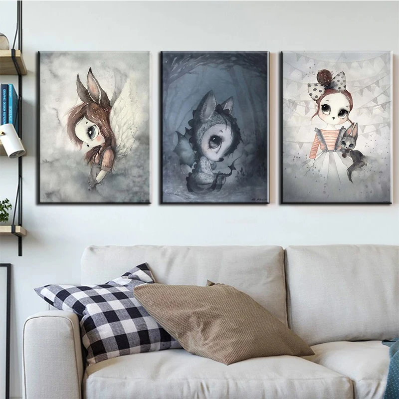 

Sweet Nordic Wall Art Canvas Painting Cartoon Girl Poster Abstract Animal Watercolor Print Kid Bedroom Picture Home Decor