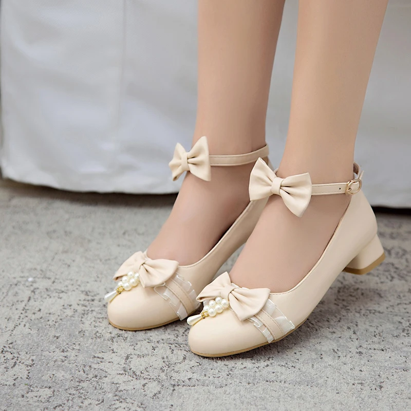 Low Heels 2025 Women Lolita Shoes Ankle Strap Pumps Spring Autumn Bow Pearls Princess Lace Casual Cosplay Party Big Size 34-50