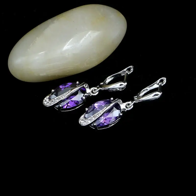 925 Sterling Silver Bridal Earrings for Women Purple Cubic Zirconia White Crystal Jewelry