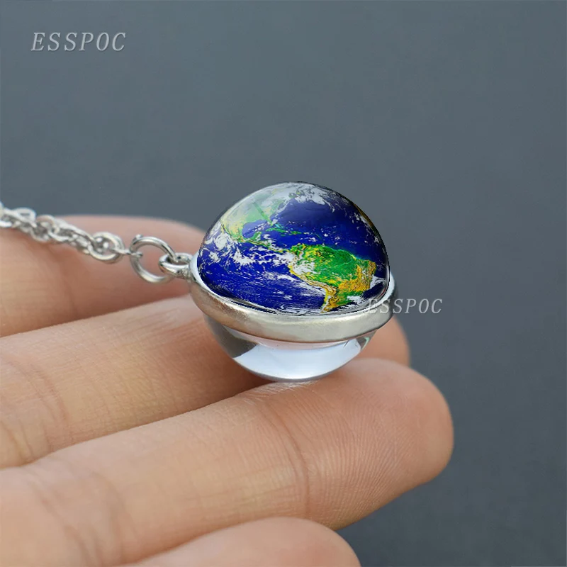 New Arrivals Charm Double Sided Necklace Planet Earth World Map Pendant Glass Ball Necklace for Women Men