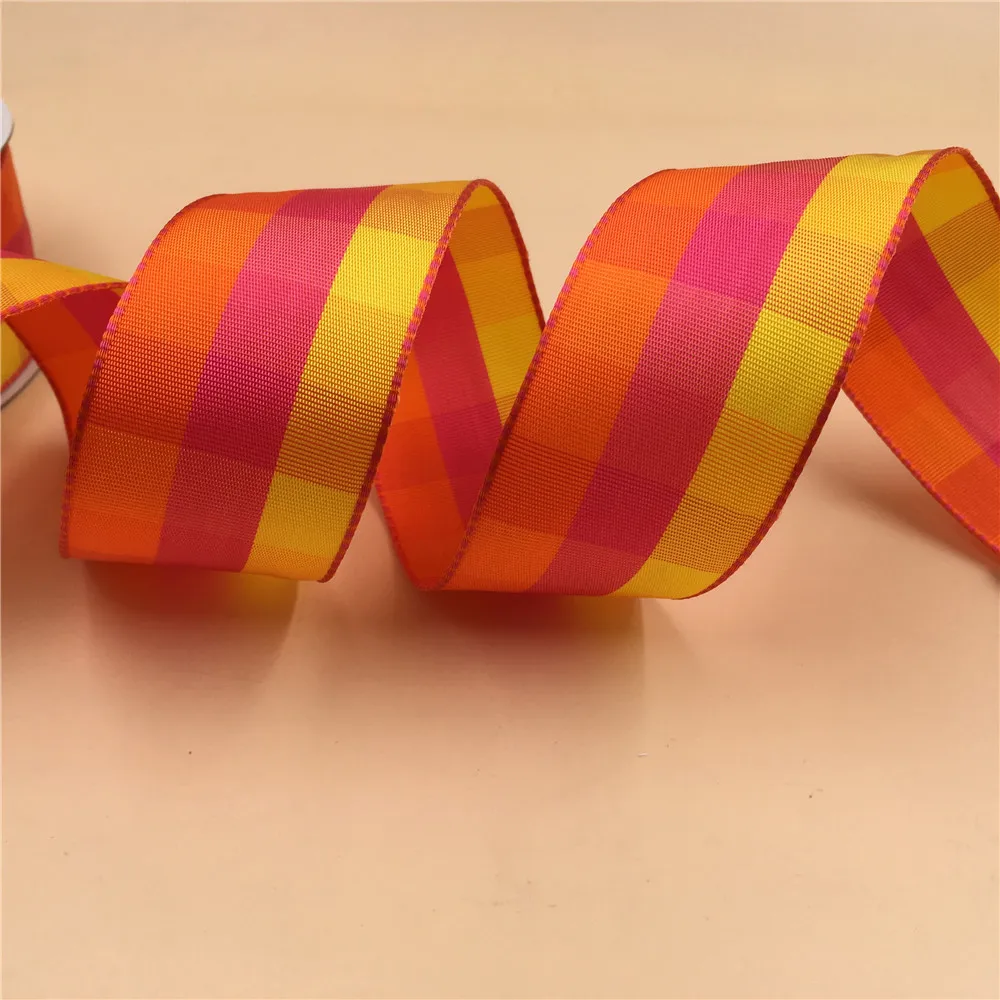 25Yards 38mm Wired Edge Orange/Rose/Yellow Scottish Tartan Plaid Ribbon for Birthday Christmas Gift Box Wrapping Decoration DIY