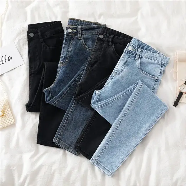 Dżinsy z wysoką talią 38 Damskie Wiosna Jesień Nowe Wąskie Spodnie Skinny Casualowe Damskie Spodnie Dżinsowe Czarne Kobiece Rozciągliwe Dżinsy Ołówkowe