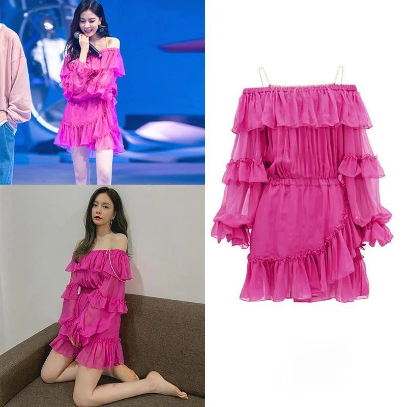 Kpop IU Seo Yea Ji Streetwear Sexy Ruffle Long Sleeve Strapless Dress Women Party Fashion High Waist Loose Backless Mini Dresses