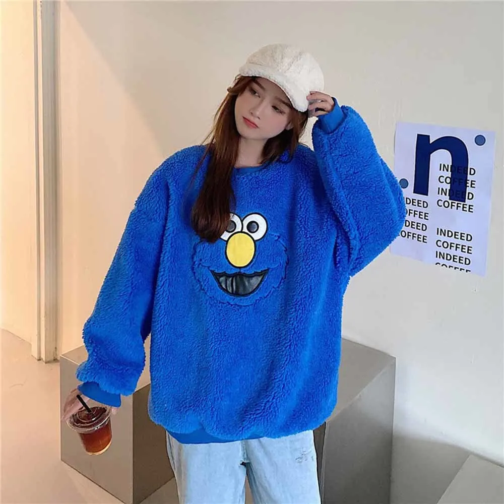 Faux Lamb Wool Hoodies Sweatshirts Women O Neck Cartoon Letter Sweatshirts Long Sleeve Loose Pullocver  Outwear