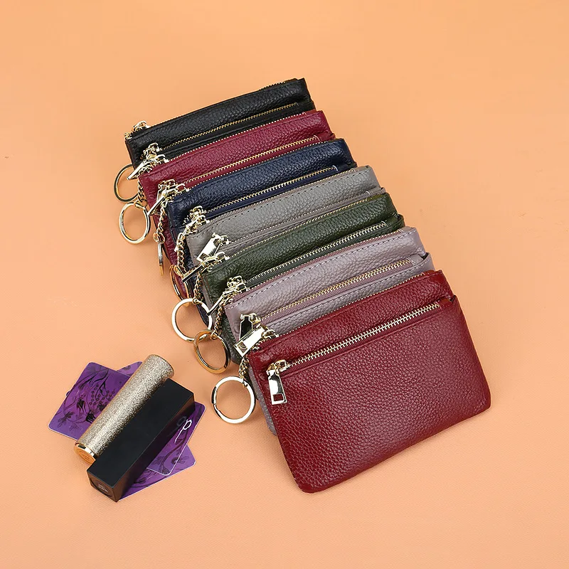 2022 New Genuine Leather Women's Coin Purse Kids Mini Pouch Change Wallet with Key Ring Holder Zipper Pouch Card Holder Wallet