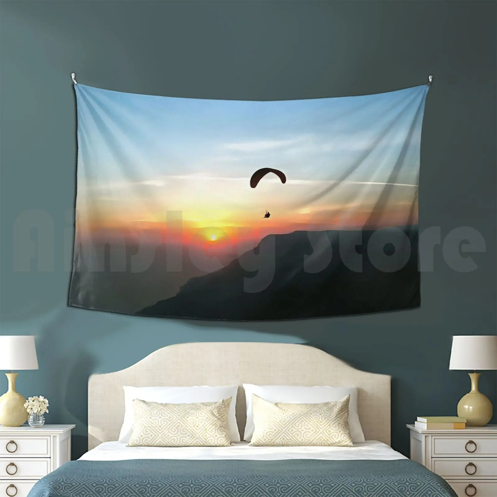 Sunset Paraglide Tapestry Background Wall Hanging Paragliding Extreme Sport Adventure Parachute Drop Zone Jumping