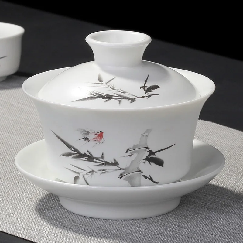 Chinese Hand Painted Kungfu Tea Set, Tureen Dehua, White Porcelain, Gaiwan, Pot Set for Travel, Fast Cup, High Quality