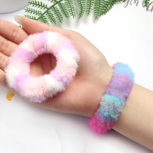 Opakowanie 2 Faux Rabbit Fur elastyczna gumka farbowanie włosów opaski miękkie gumki do włosów kucyk Holder wykonane gumka do włosów gumki do włosów akcesoria