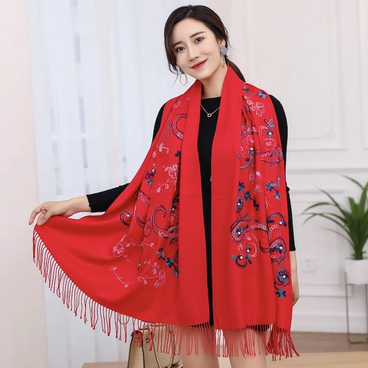 

Luxury Brand Winter Scarf Women Warm Cashmere Plum embroidery flower Tassel Shawl Wrap Blanket Hijab Scarf Wholesale Pashmina