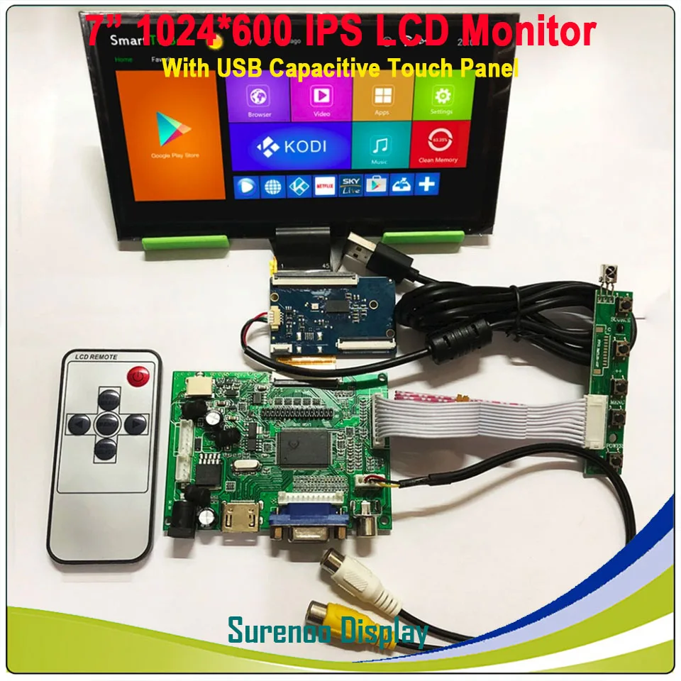 

7" 1024*600 IPS LCD Module Monitor Display + HDMI-Compatible/VGA/2AV Board + Capacitive Touch Panel w/ USB Controller