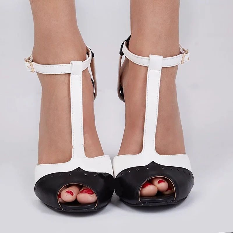 T Strap Sandals Woman Concise  Cut Out Peep Toe Mixed Color Stiletto Shoes Black And White Patchwork Street Office Summer Shoes