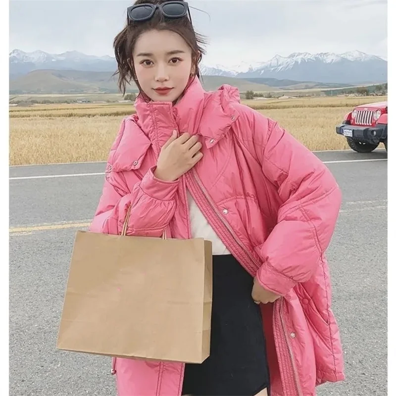 Winter 2021 New Korean Down Cotton Jacket Women Mid-Length Fashion Pink Thick Hooded White Duck Down Jacket M190