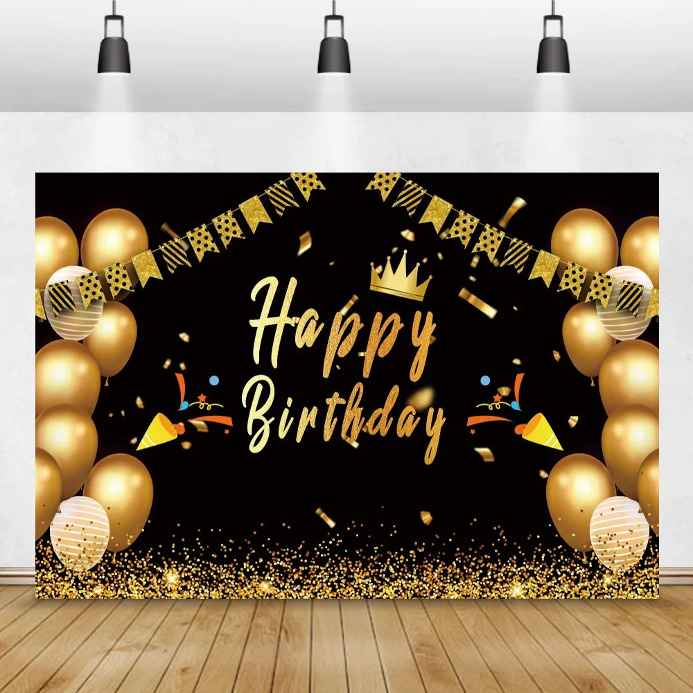 Laeacco 골드 풍선 생일 사진 배경 골드 도트 축하 파티 초상화 사용자 정의 검은 배경 사진 스튜디오