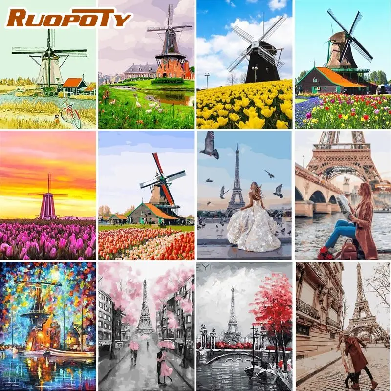 

RUOPOTY Frame Windmill Landscape DIY Painting By Numbers Kits Figure Handpainted Painting Unique Gift For Home Decor Wall Artwo