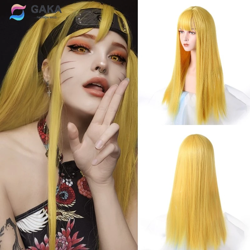 GAKA długie proste włosy syntetyczne żółty fioletowy niebieski żaroodporne Cosplay peruka z grzywką dla kobiet