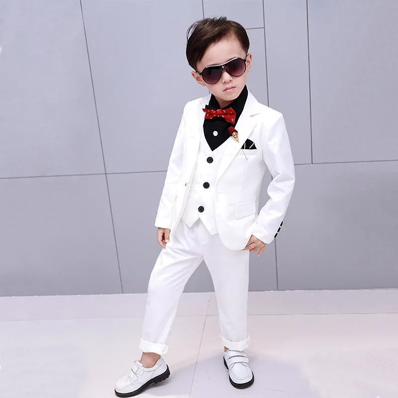 Flower Boys Formal Wedding Suit Kids England Style Blazer+Pant+Waistcoat 4Pcs Suit for Boys Kids Party Host Costume