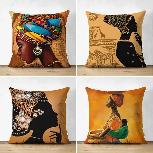 Realhomes Double Sided Africa Lady Themed Modern Decorative 4 Pcs Suede Pillow Case Set Pillow decorate Cases