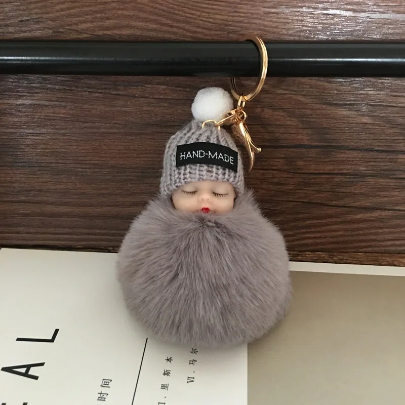 Fake Rabbit Fur Ball Sleeping Baby Doll Keychain Pompom Car Keyring Baby Key Chain Women Key Holder Bag Pendant Jewelry