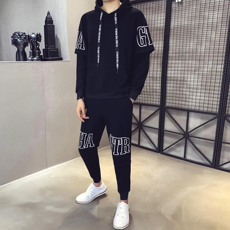 Men's Loose Autumn Fake 2-piece Long Sleeve Sweatshirt &Pant Causal Letter Sets Camo Tracksuit Sportwear Hoodies Plus Size 4xl