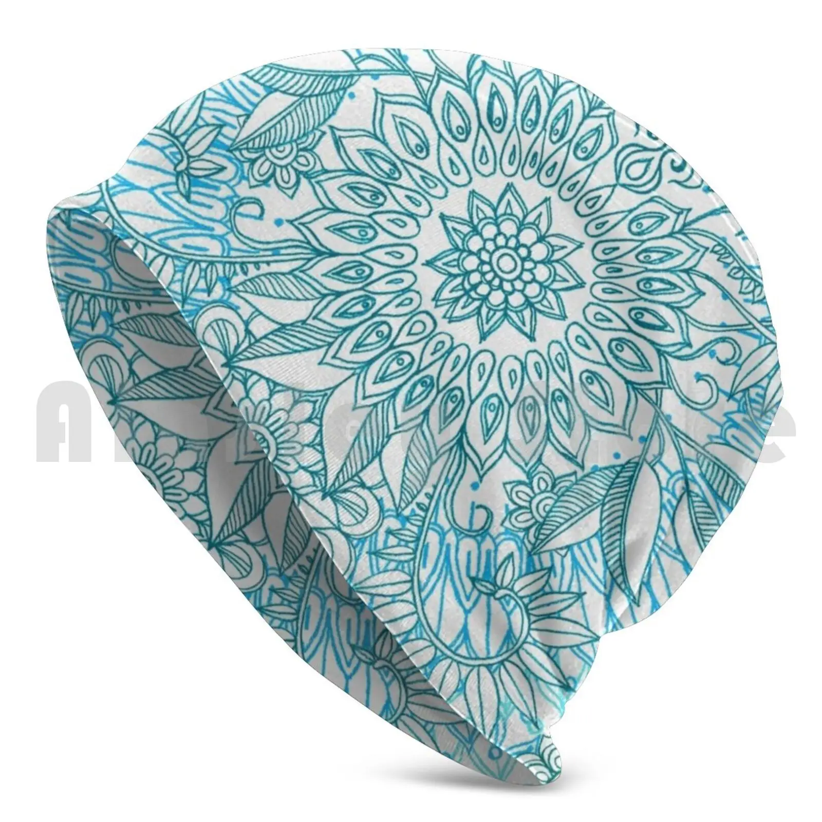 Turquoise Blue , Teal & White Protea Doodle Pattern Beanie Hedging Cap DIY Print Cushion Micklyn Protea Doodle Proteas