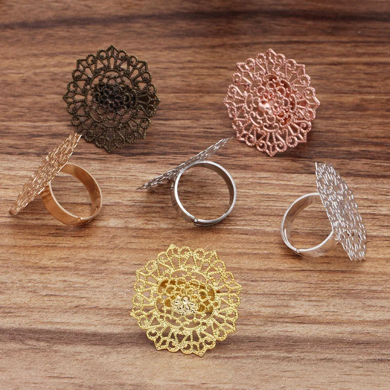 200pcs Copper Adjustable Ring Settings Blanks with Filigree Flower Charms Ring Base Women DIY Jewelry Making Findings Supplies