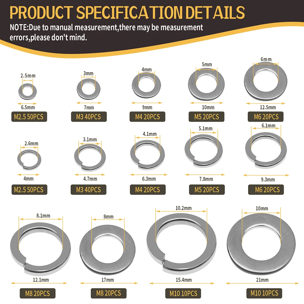 360 Buah Baja Tahan Karat Mesin Cuci Musim Semi Datar M2.5 M3 M4 M5 M6 M8 M10 Kunci Split Elastis Segel Gasket Bermacam-macam Kotak