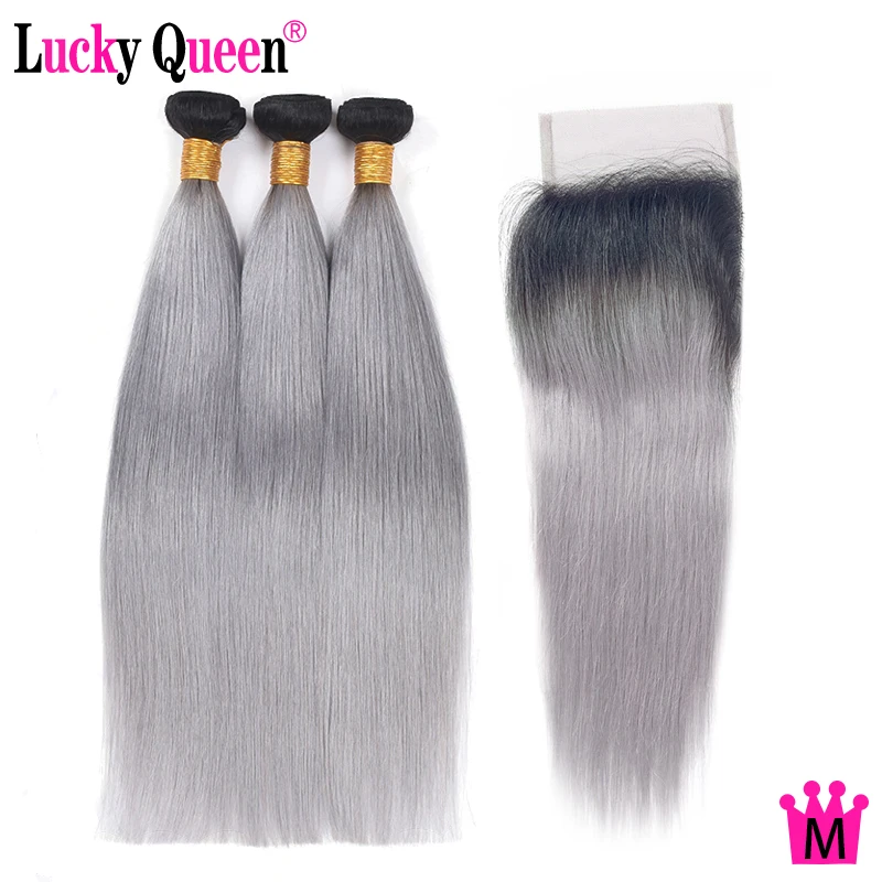 Lucky Queen Brazilian Straight Hair Bundles With Closure 1B/Grey Ombre Color 100% Human Hair Bundles With Closure Remy Hair