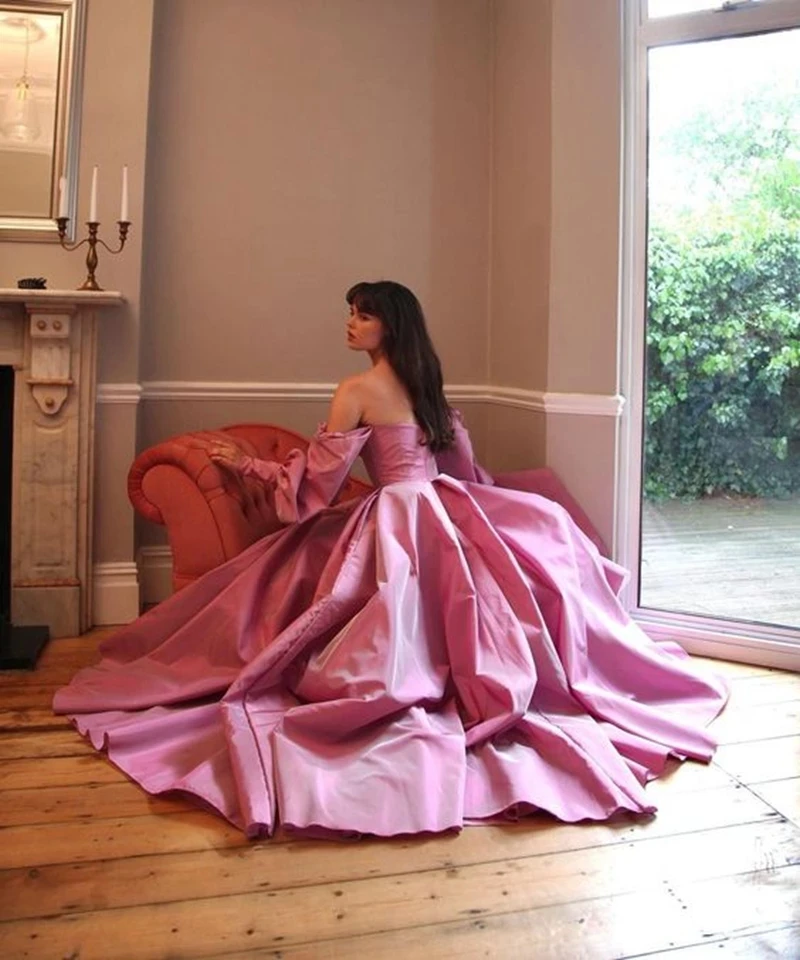 LORIE-elegante vestido de fiesta rosa, Mangas de obispo, tafetán con abertura alta, vestidos de noche largos con escote Corazón y botones