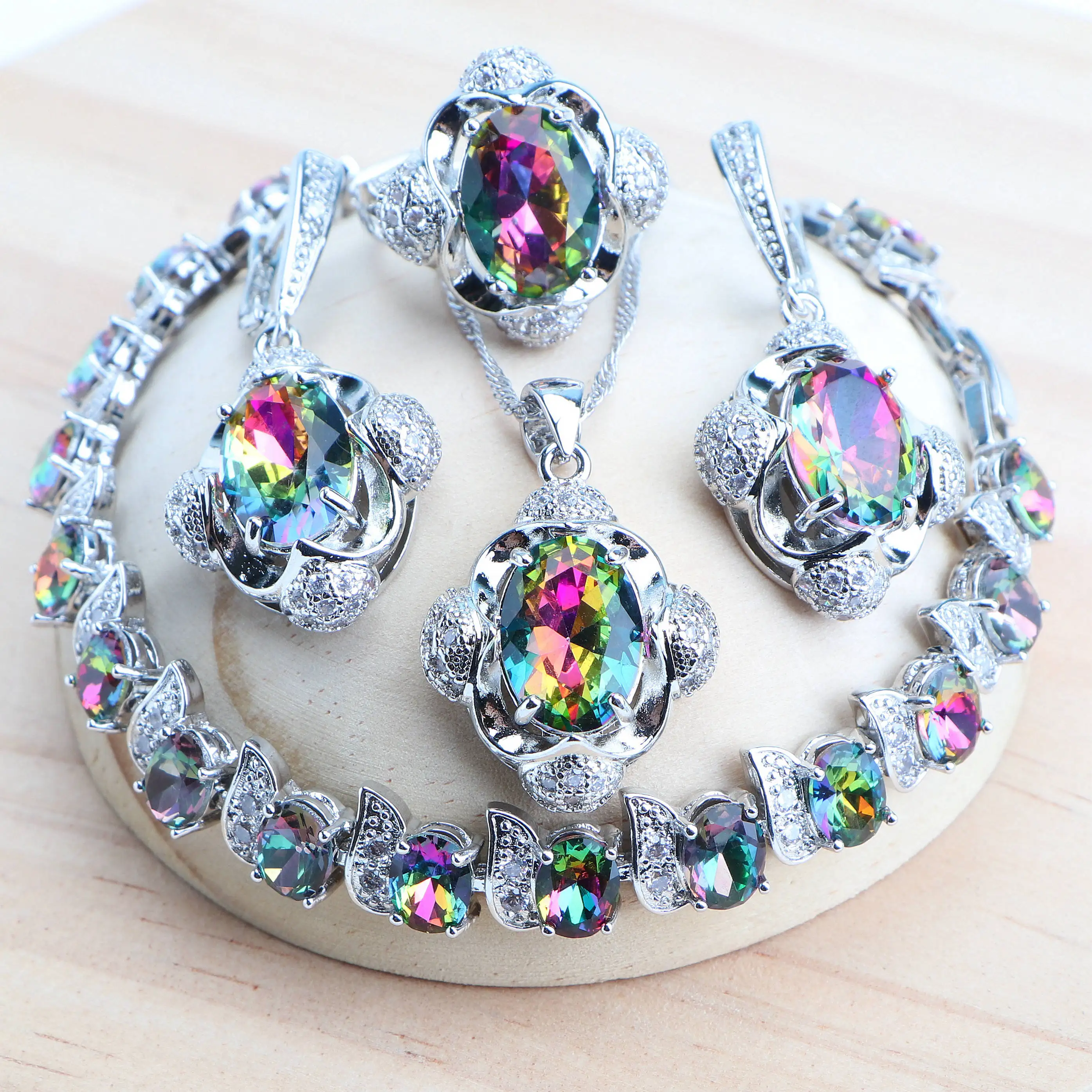 

Magic Rainbow 925 Silver Bridal Jewelry Sets Fine Costume Jewellery Women Wedding Earrings Rings Bracelets Set Pendant Necklace
