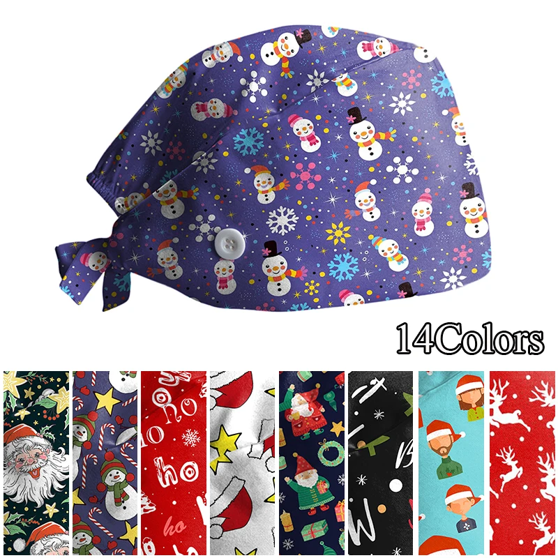 

Christmas Snowflake Print Adjustable Fashion Print Scrub Hat Dust-Proof Cap Cotton Nurse Cap Bandage Men Women Surgical Hat Cap