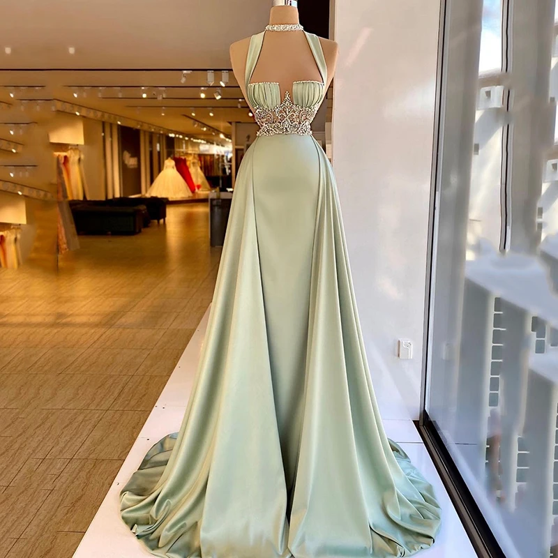 Thinyfull Arabic Green Mermaid Evening Dress Elegant Sleeveless Halter Neck Satin Beading Prom Dresses Party Gowns Customized