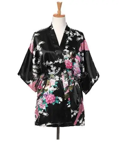 Kimono japonés con estampado de pavo real para mujer, ropa de dormir de estilo corto de satén de seda Yukata, camisón para el hogar, traje de baño