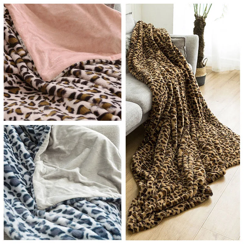 Leopard Blanket for Bed Modern Coral Fleece Double-Layers Office Winter Warm Sofa Bed Throw Blankets Plaid Bedspread Bed Cover