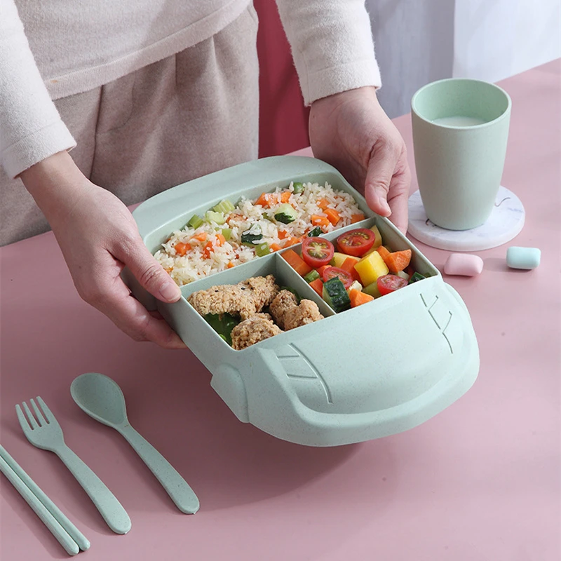 Children's Tableware Set Bowl Spoon Fork Infant Feeding Training Meal Cartoon Creative Car Anti-scalding Wheat Straw Plate