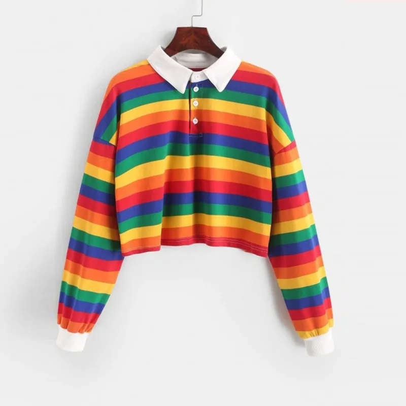 

2024 Polo Shirt Women Sweatshirt Long Sleeve Rainbow Color Ladies Hoodies With Button Striped Korean Style Sweatshirt Women