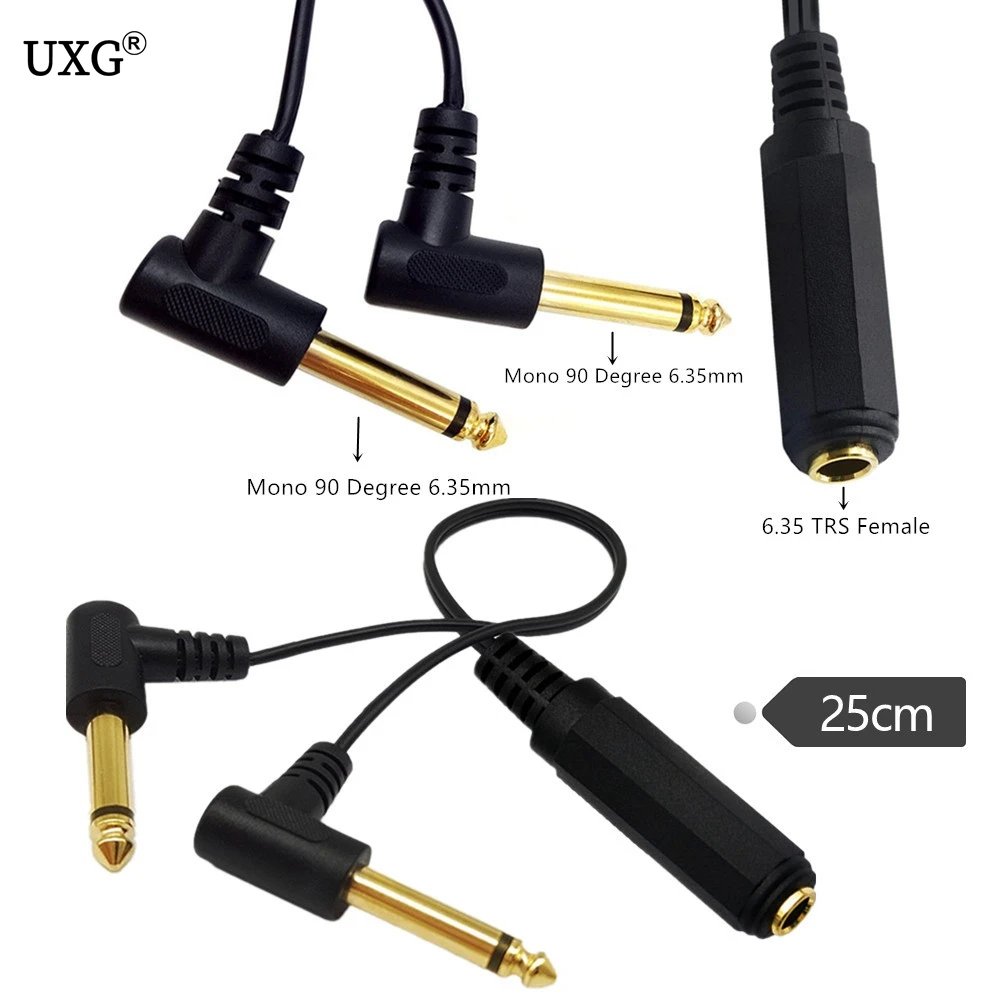 Gold Plated 6.35mm 14 Female TRS Stereo to Dual 2 x 6.35mm 14 Male TS Mono 90 Degree Right Angle Y Splitter Audio Cable 0.25m