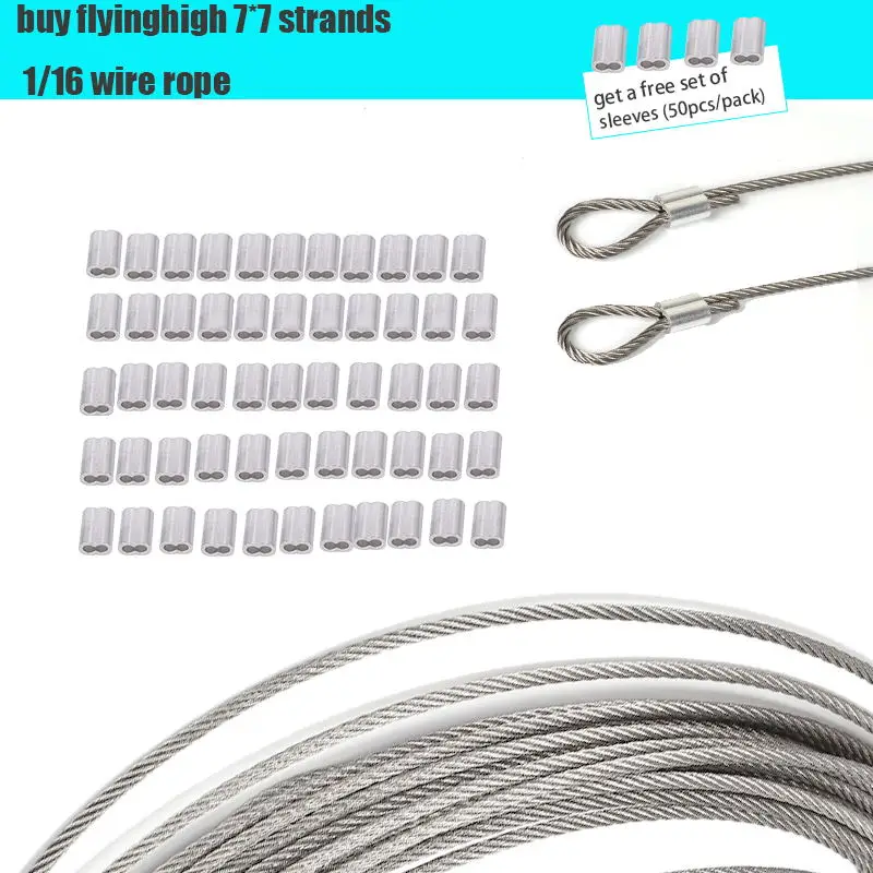 Corda 1/16, cavo in acciaio inossidabile 304, 164 piedi (circa 50.0 metri), cavo per aeromobili, 50 pezzi di manicotto per anello a crimpare in alluminio, 7x7