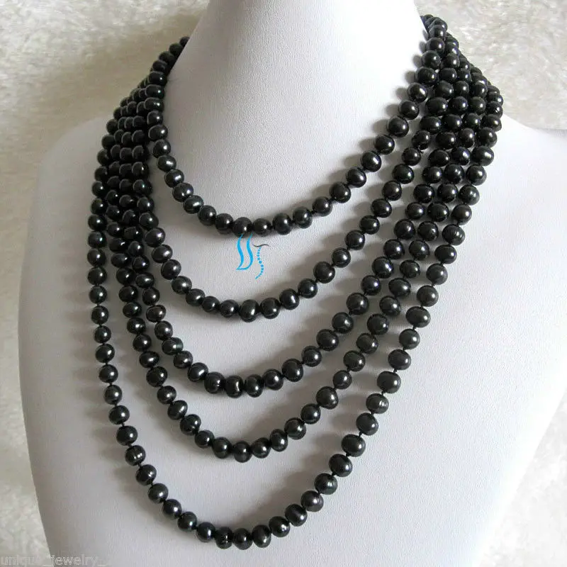 

100" 6-8mm Black Freshwater Pearl Necklace Off Round Strand Jewelry