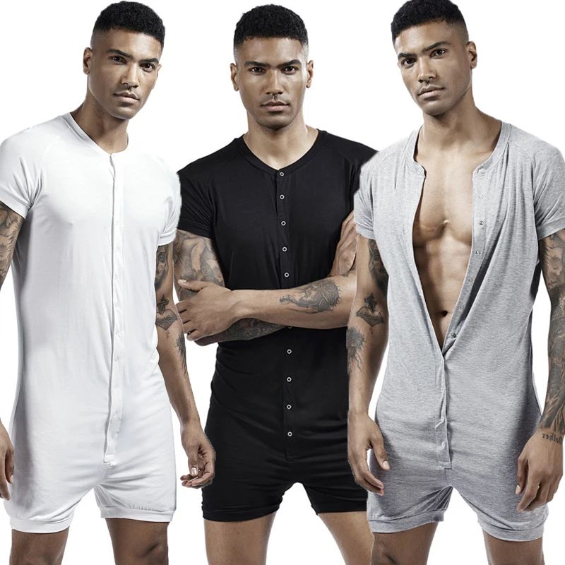 Mens Undershirts Sleepwear Shorts Sleeve Button Causal Loose Jumpsuits Shorts Singlets Bodysuits One-piece Camiseta Plus Size