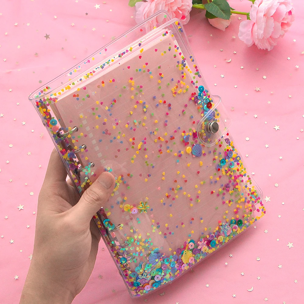 A5 A6 Cute Transparent PVC Sequins Cover Office School 6 Rings Binder Spiral Planner Agenda Organizer Notebooks Stationery