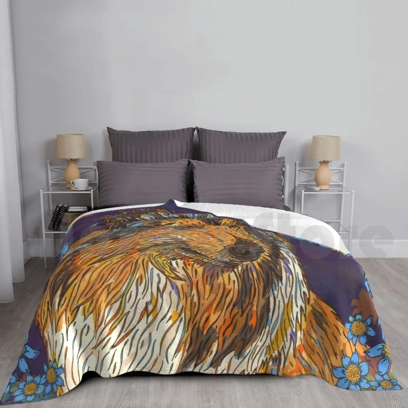 Manta de Collie áspero y flores azules para sofá cama, viaje, Collie áspero, Lassie, oveja, perro, mascotas, animales