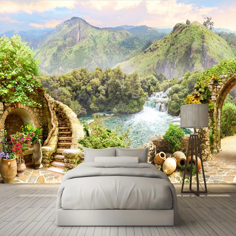 Custom 3D Photo Garden Balcony Mountain Waterfall Green Landscape Large Mural Wallpapers For Living Room Bedroom Wall Decoration