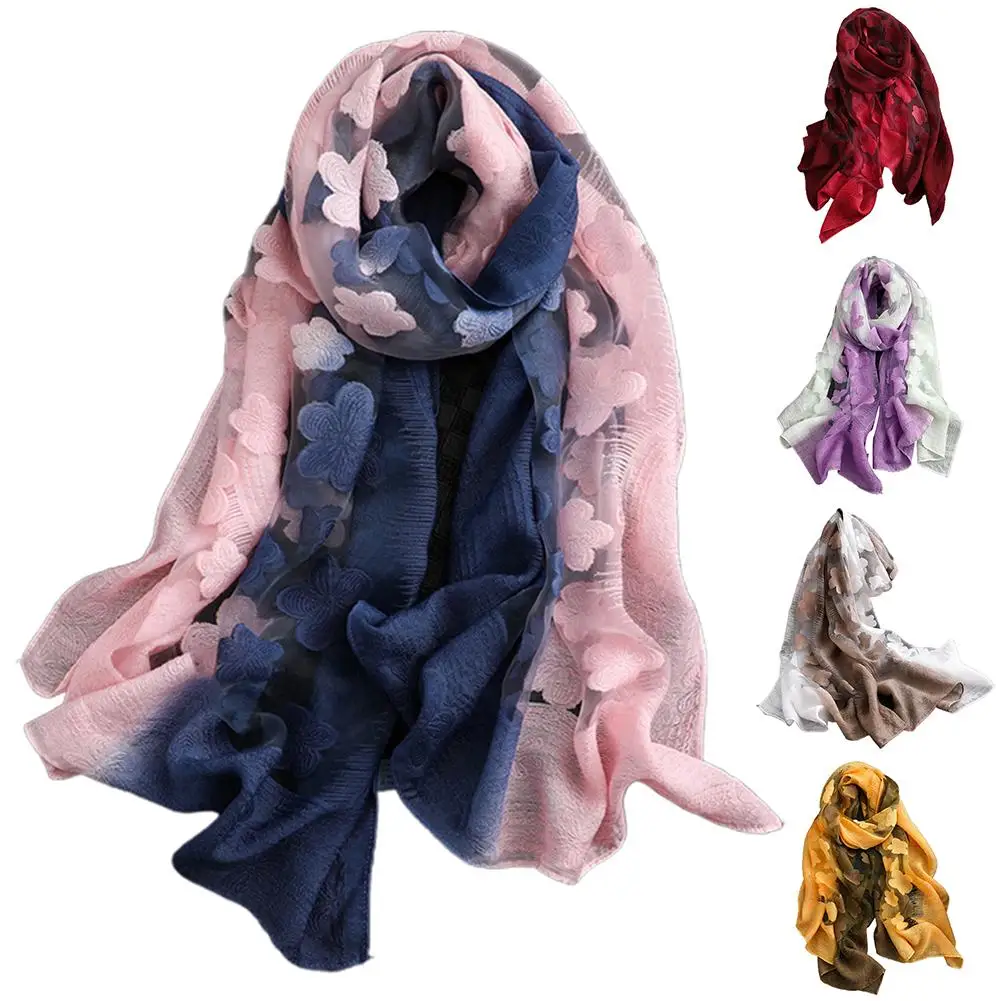 Women Stylish Gradient Color Floral Embroidery Long Neck Scarf Head Wrap Shawl long scarfs poncho scarves shawl bohemian