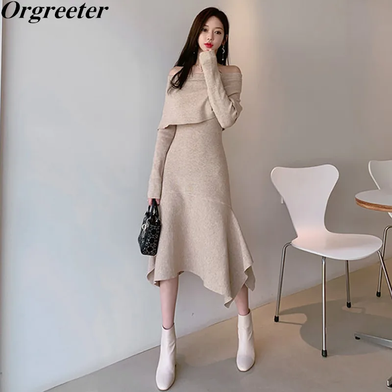 Sexy Off-shoulder Knitted Dress Temperament Slim Irregular Bodycon Long-sleeved Mid-length Sweater Dress Women Prty Dress