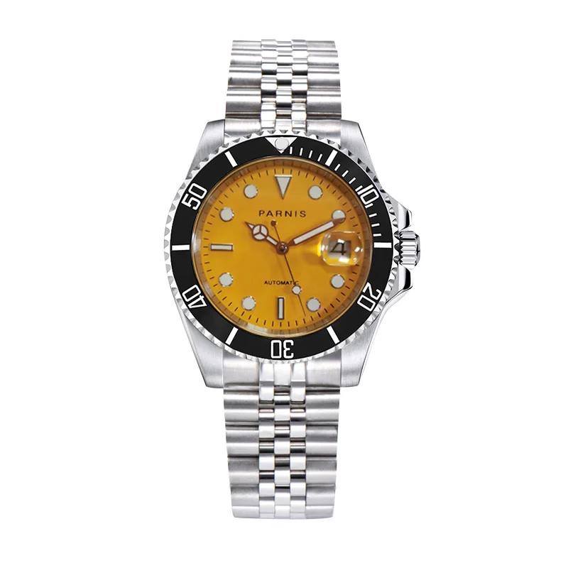 Parnis 40mm Yellow Dial Mechanical Automatic Watch Men Black Ceramic Bezel Miyota 8215 Movement Calendar Men\'s Watches 2023 Gift