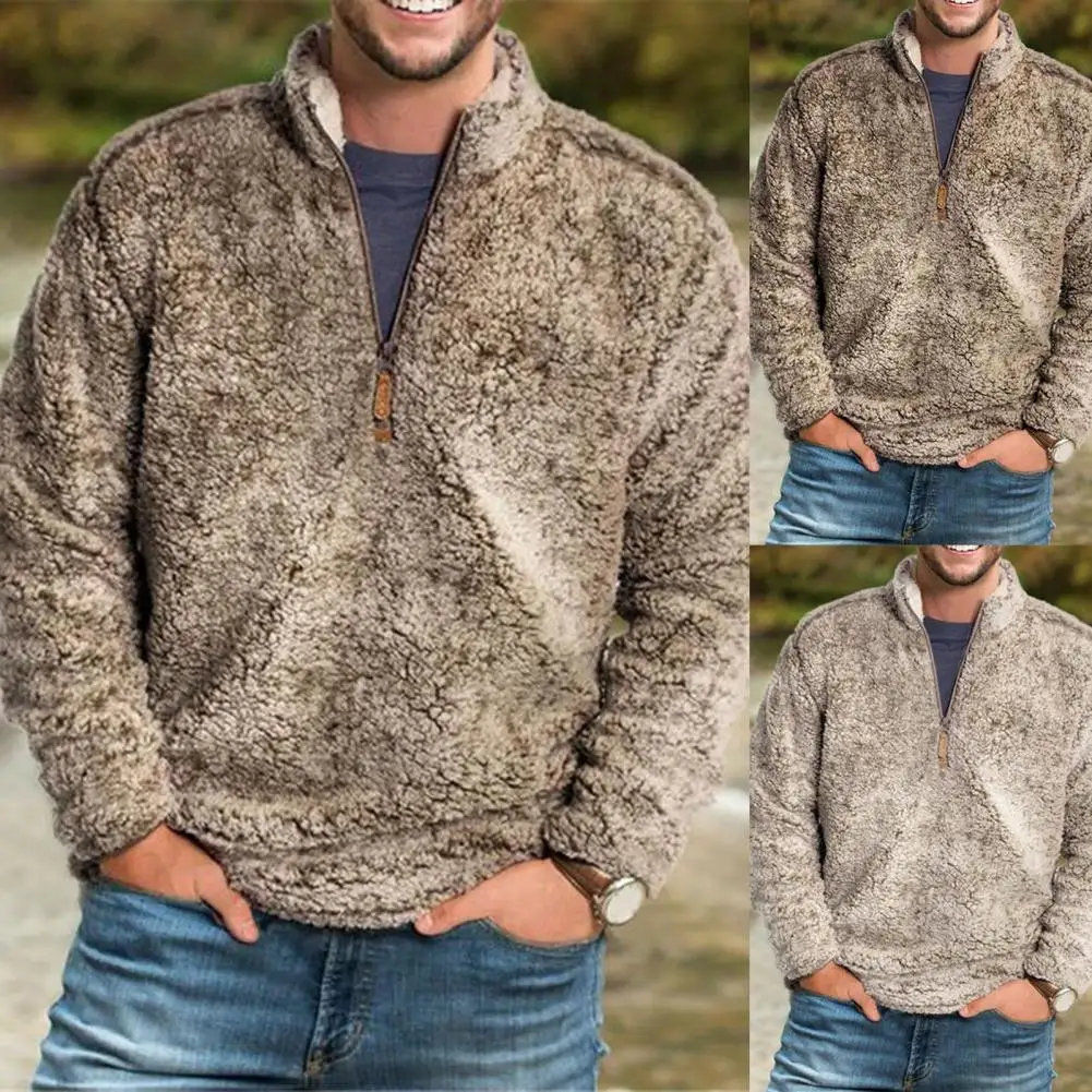 Plus Size Men Top Zipper Stand Collar Solid Color Lamb Sweater Spacious Male Autumn Winter Thermal Casual Fashion Handsome 2021