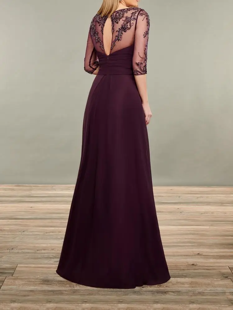 Dark Grape-vestidos de gasa para madre de la novia, vestidos transparentes con mangas con lentejuelas y abalorios, vestido de fiesta, bata de boda